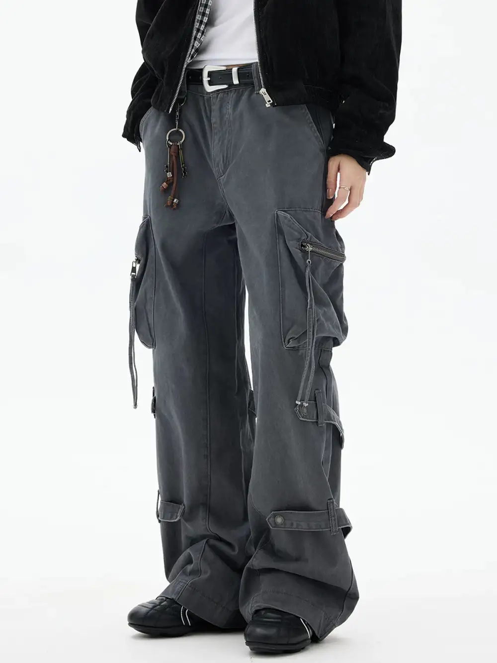 Wide-Leg Multi-Pocket Washed Cargo Pants