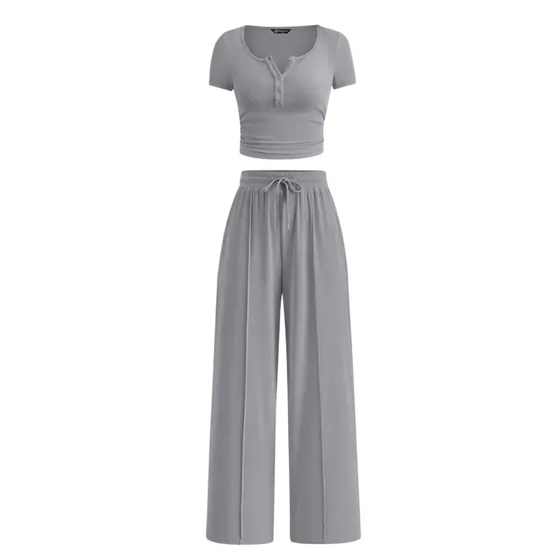 Women's two-piece summer ribbed knit button short-sleeve crop top and wide-leg pants