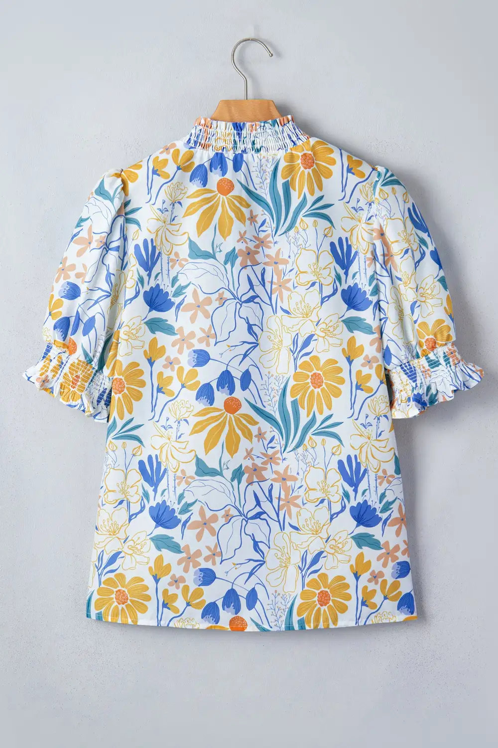 Yellow Floral Print Striped Trim V Neck Puff Sleeve Blouse
