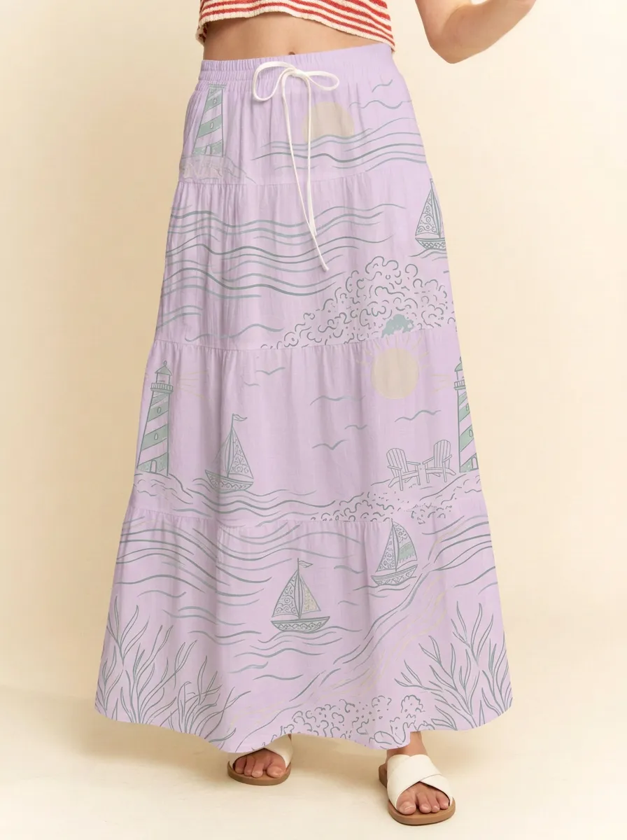 Women's Marina Coastal Nautical Lighthouse Sailboat Printed Maxi Skirt