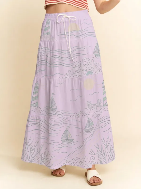 Women's Marina Coastal Nautical Lighthouse Sailboat Printed Maxi Skirt