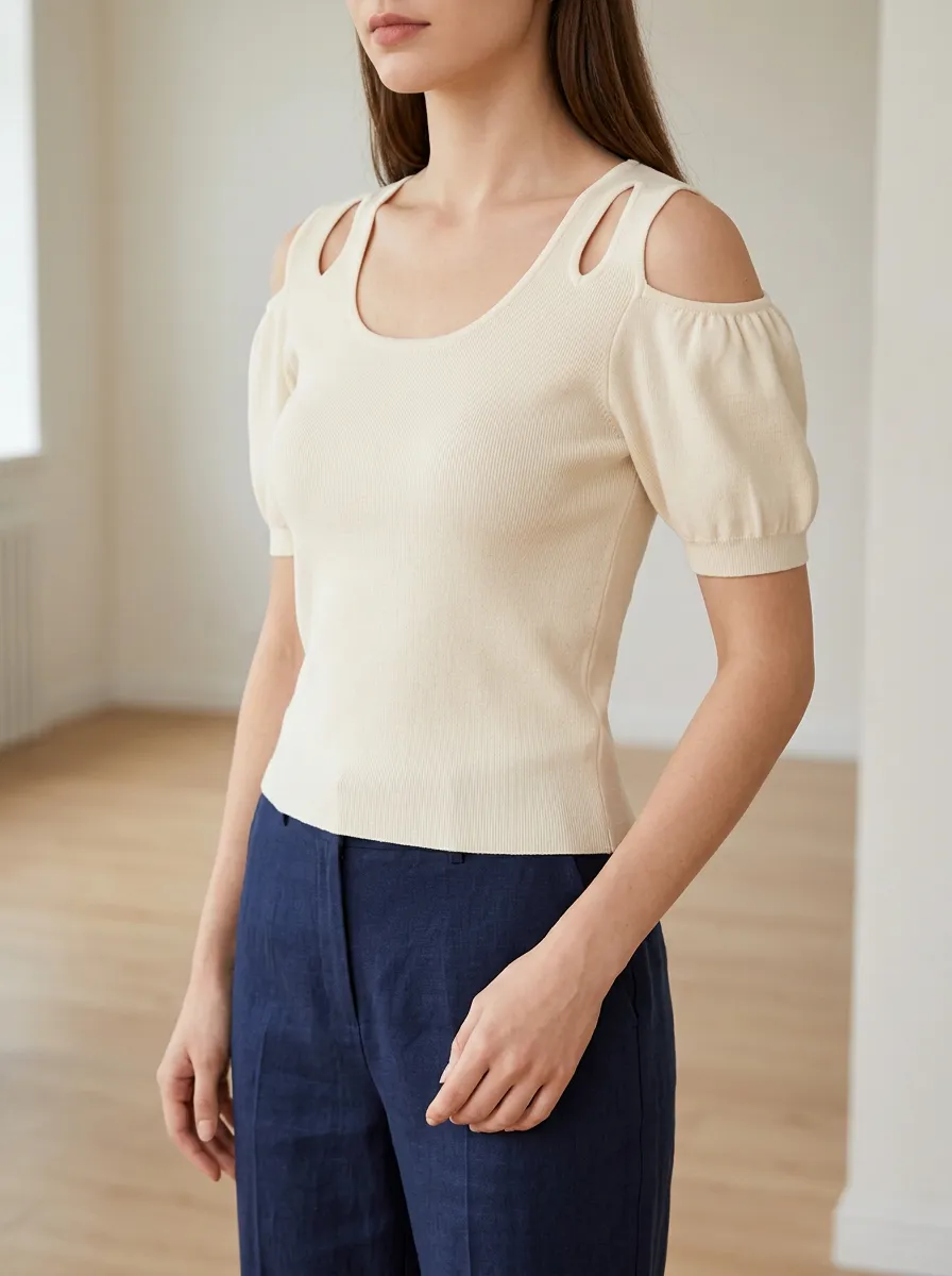 Women's Cream Ribbed Cold Shoulder Puff Sleeve Top