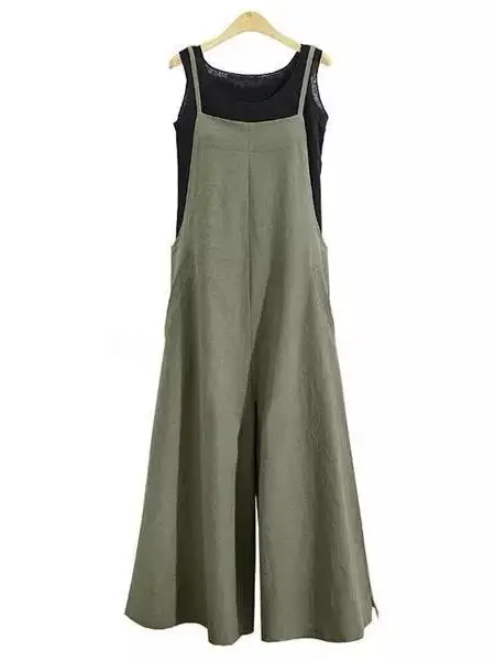 Women Casual Pure Color Loose Linen Tank Jumpsuit