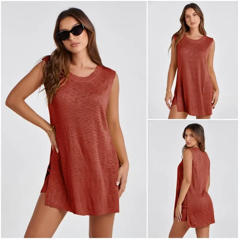 Women's  2 Piece Outfits Summer Knit Sweater Set Sleeveless  Tunic  Top Matching Shorts Trendy Beach Vacation Sets