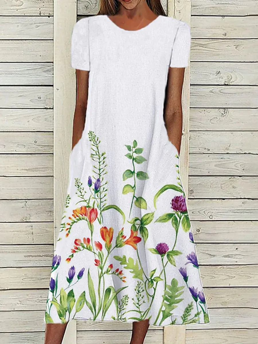 Round Neck Loose Casual Floral Print Short Sleeve Midi Dress