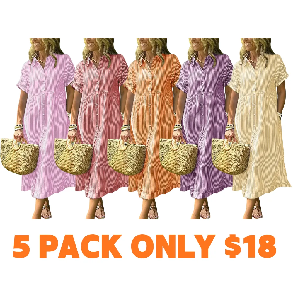 Women‘s Boho Striped Shirt Dress Button Down Loose Midi Dress with Pockets and Side Slit