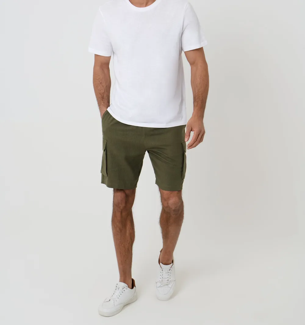 Men's Khaki Green Linen Blend Cargo Shorts