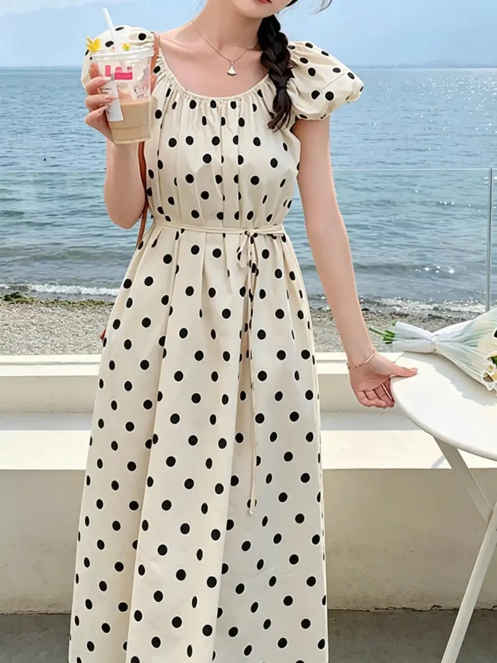 Polka Dot Puff Sleeve Midi Dress