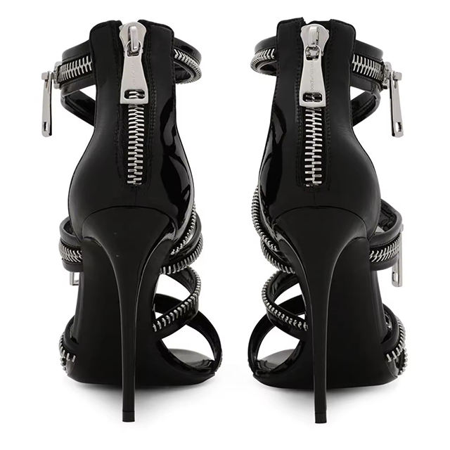 Valeria Black PU Zip Strap Heels