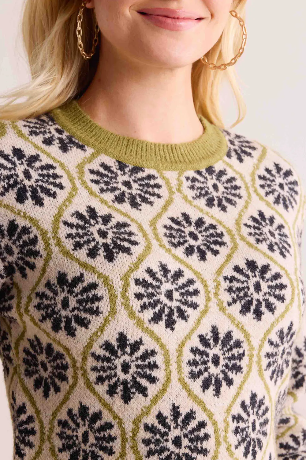 Green Floral Pattern Crew Neck Knitted Sweater