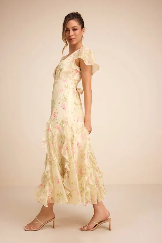 Deluca Light Green Floral Ruffled Midi Dress