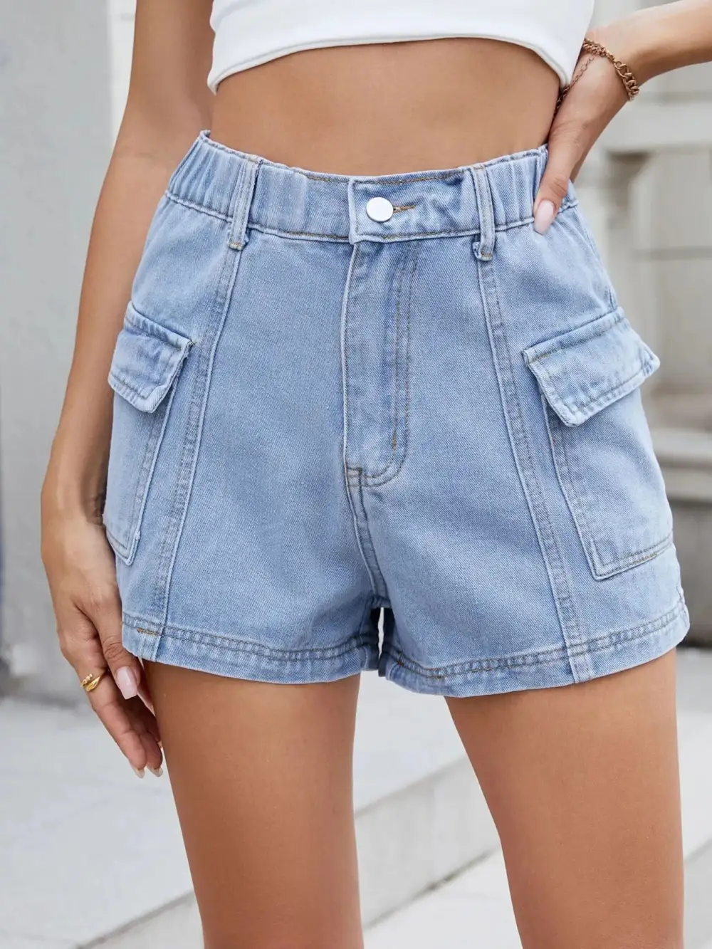 High-Waist Cargo Denim Shorts