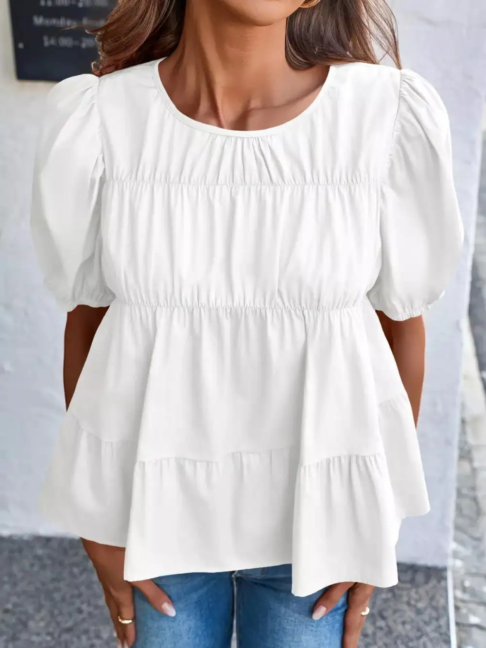 Ruched Tiered Puff Sleeve Blouse