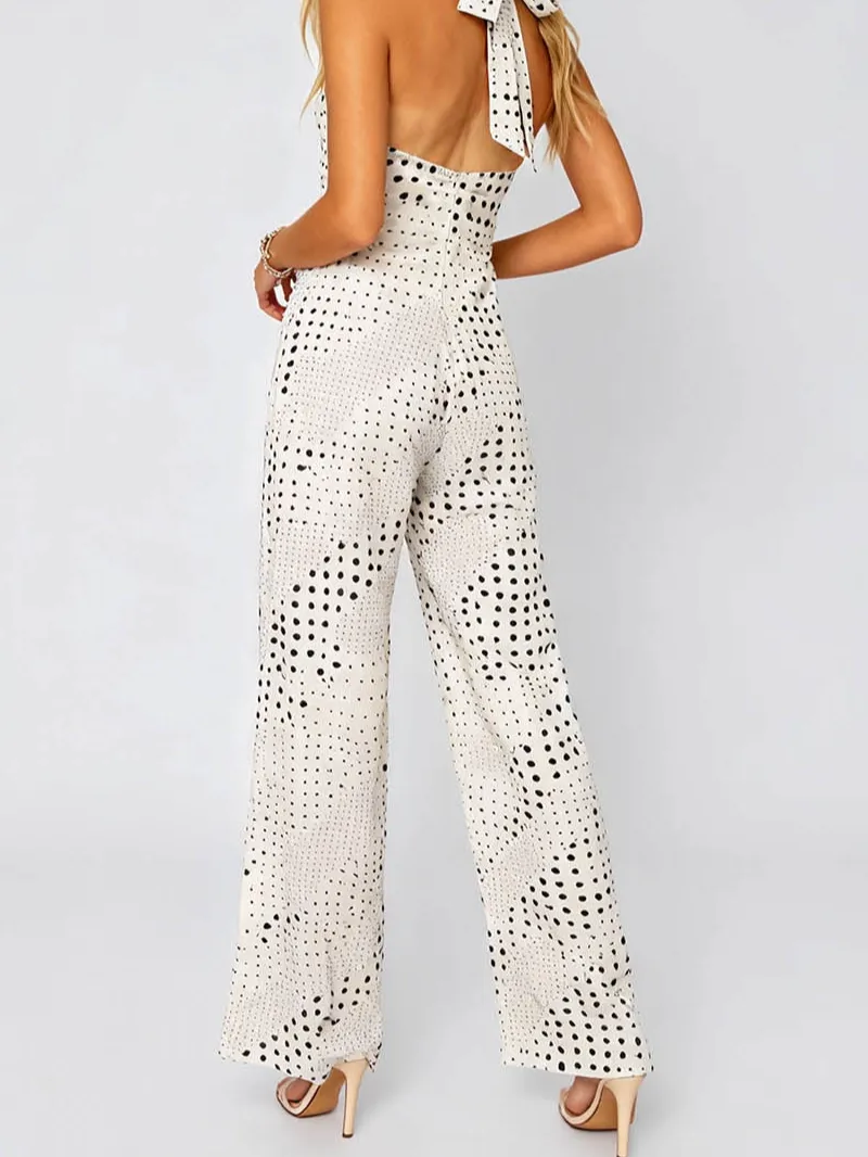 Polka Dot Halter Collar Metal Ring Wide Leg Jumpsuit