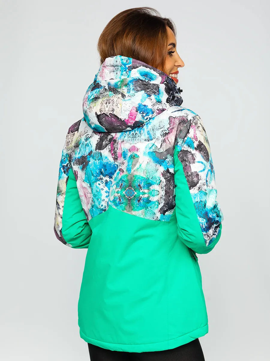 Green women's winter jacket with hood