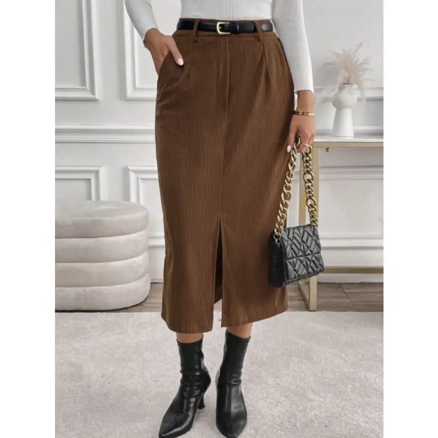 Perfee Slit Midi Skirt with Pockets