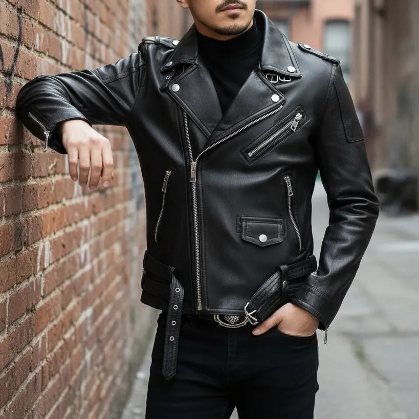 Functional Leather Biker Motorcycle Multi Pocket Jacket
