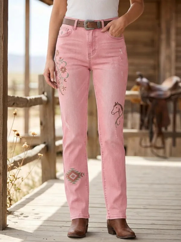 Women's Western Cowboy Horse Floral Geometric Embroidered Printed Jeans