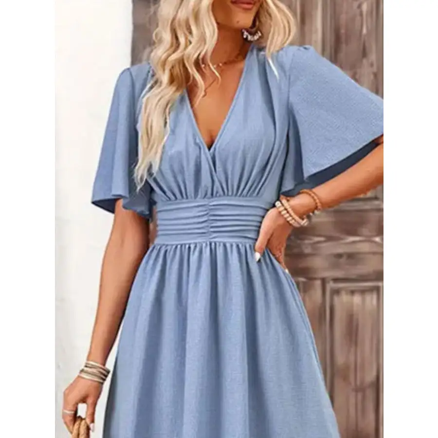 Side Slit Surplice Flutter Sleeve Midi Dress