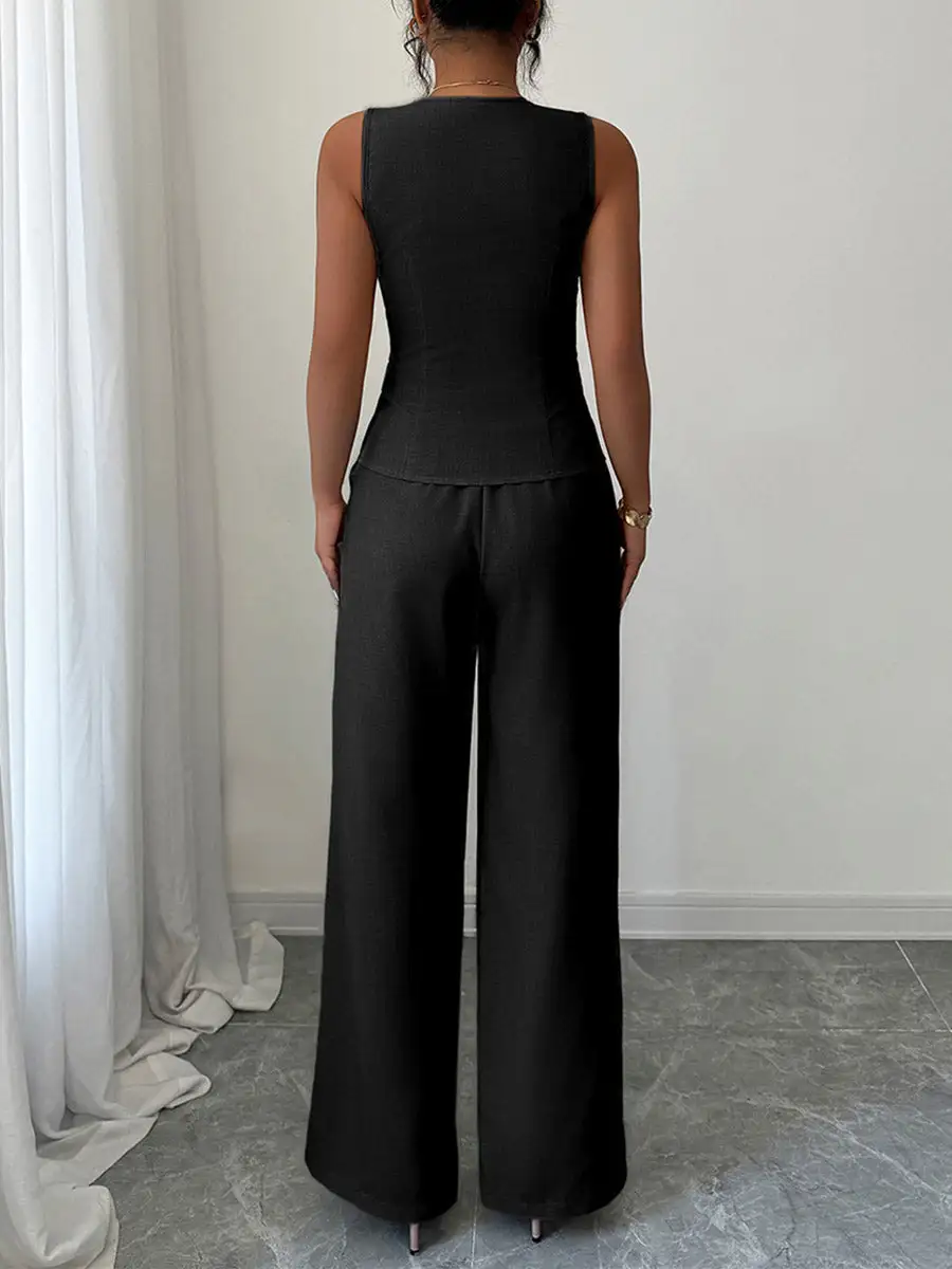 Sleeveless Buttoned Blouse And Pants Set