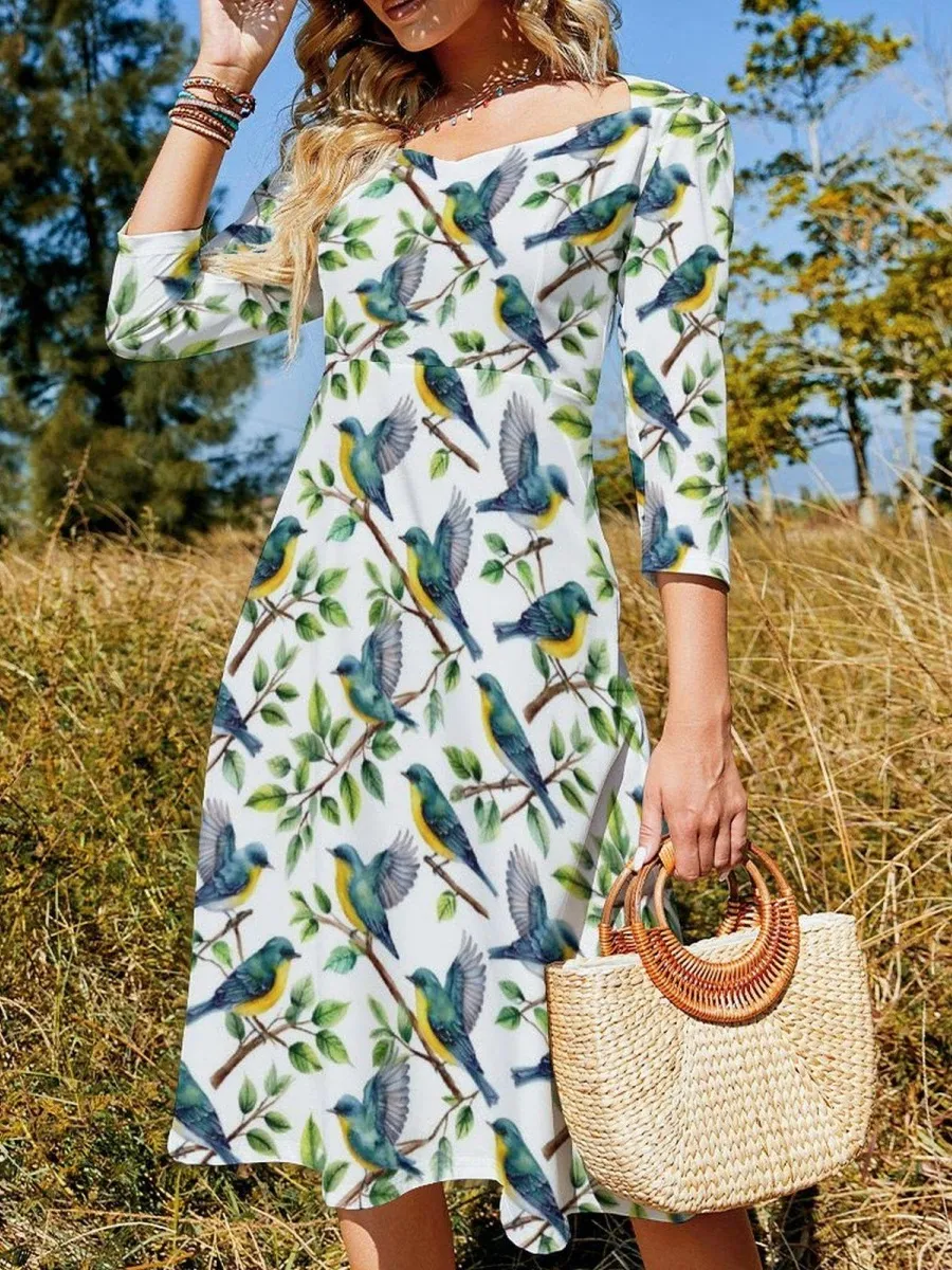 Bird Print Midi Dress