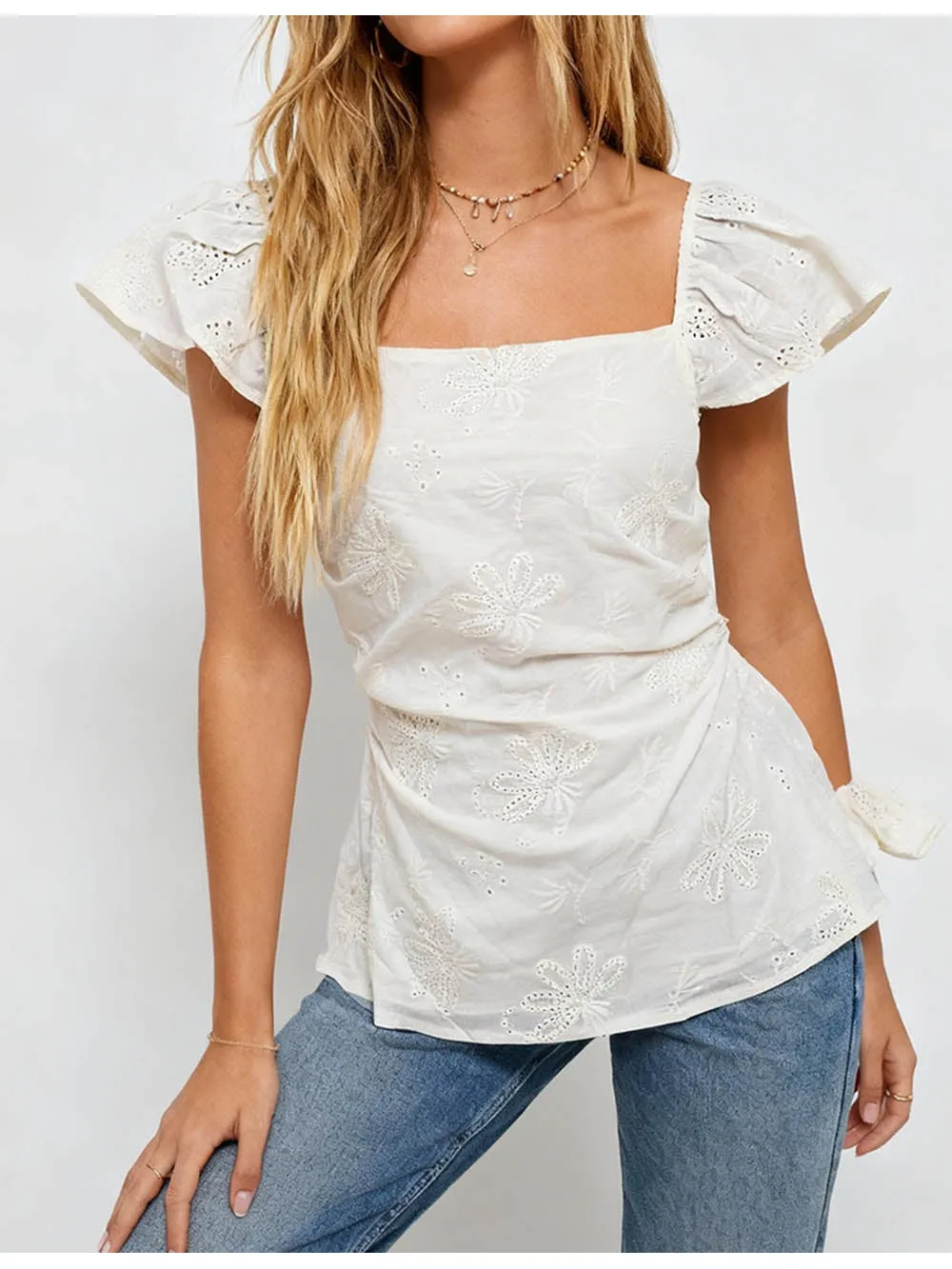 Chic Hollow Out Embroidery Square Neck Short Sleeves Top