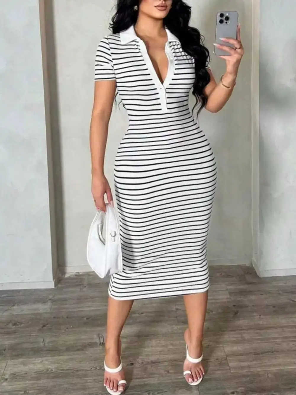 Striped Polo Collar Midi Dress