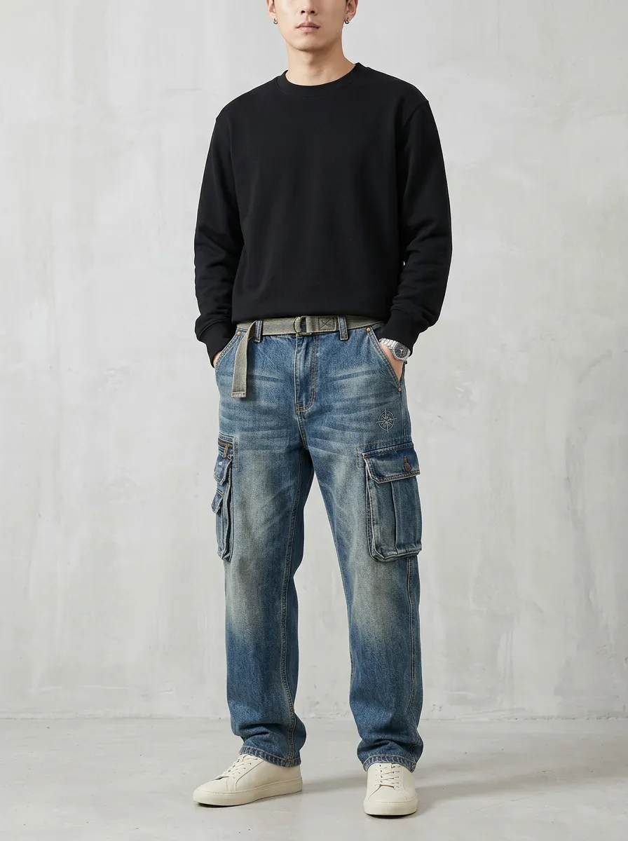 Men's Mid-Blue Compass Detail Multi-Pocket Straight-Leg Denim Cargo Pants