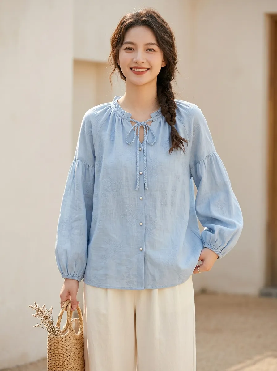 Embroidered Tie-Neck Button-Front Floral Women's Puff-Sleeve Blouse