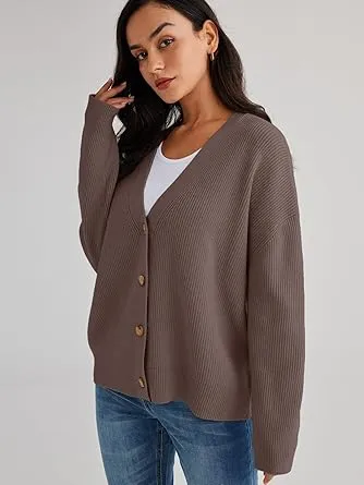 Women's Slouchy Solid Color V-Neck Button-Up Long Sleeve Cardigan & Stretch Loose Trousers Co-ord, Minimalist Two Piece Outfits, Cozy Womenswear