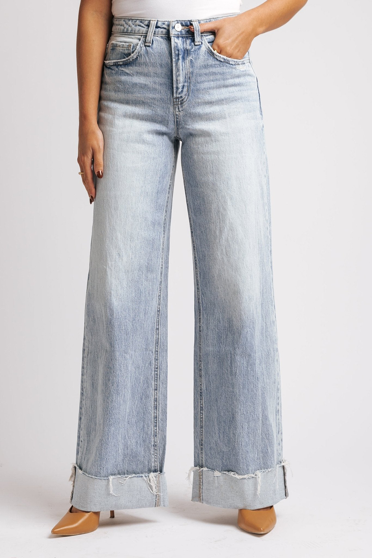 Light Wash Baggy Cuffed Wide Leg Jeans
