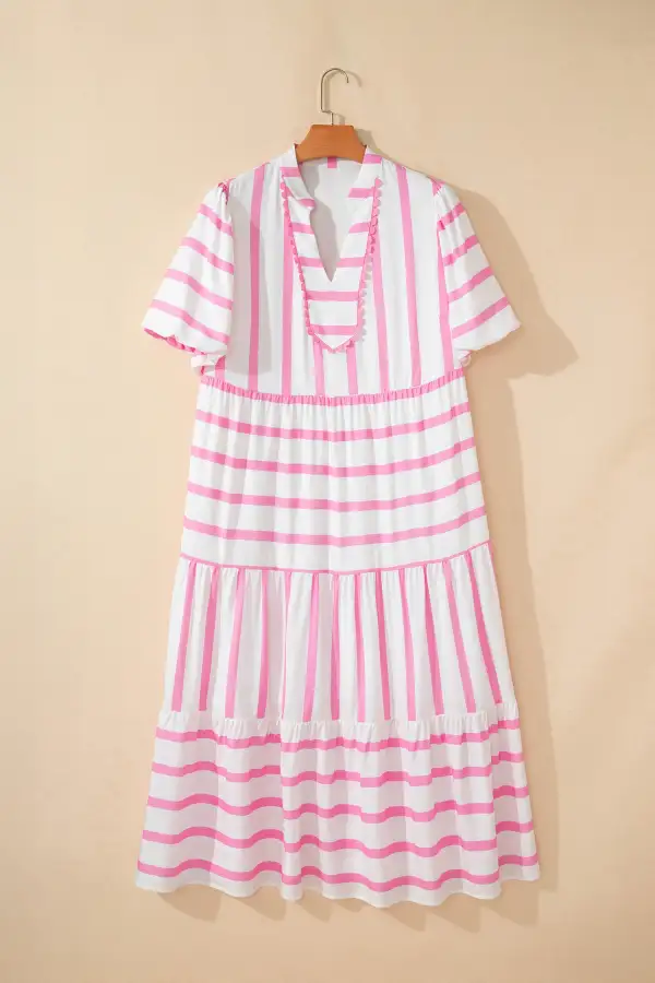 Clean Line Striped V Neck Tiered Maxi Dress