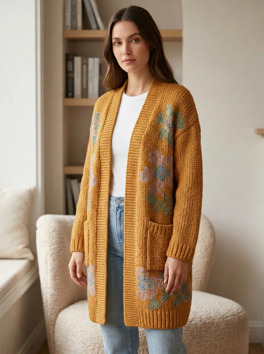 Women's Floral Vintage Flower Print Knit Long Cardigan