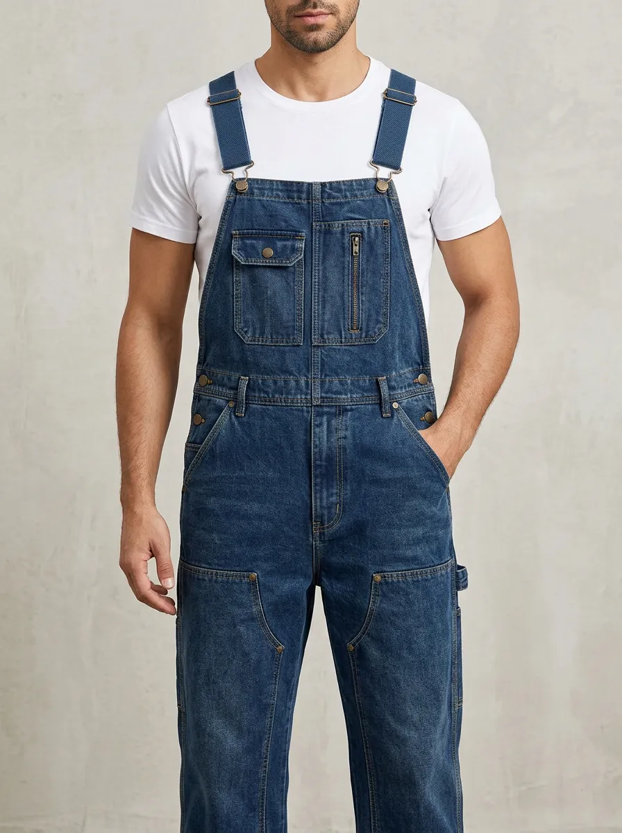 Men's Casual Workwear Blue Denim Multi-Pocket Bib Overalls