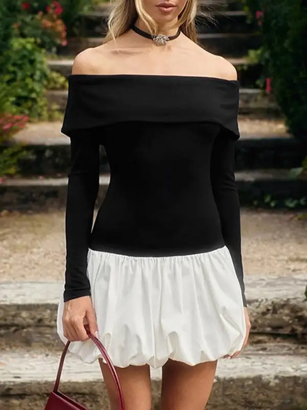 High Waisted Long Sleeve Contrast Color Pleated Split Joint Off The