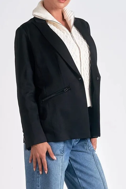 Black Sweater Collar Relaxed Blazer