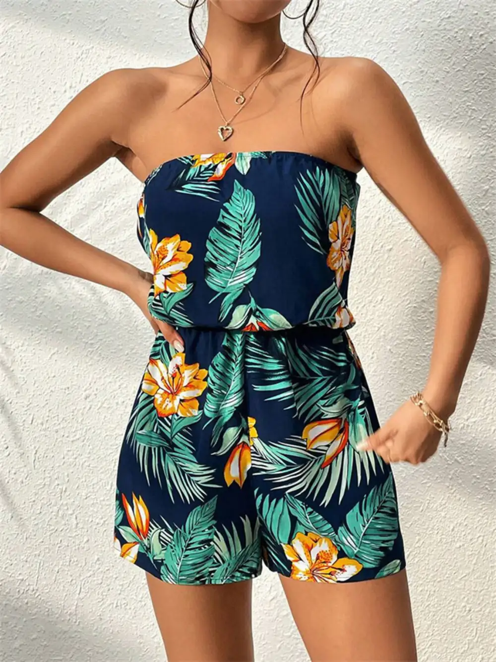Tropical Print Strapless Elastic Waist Romper