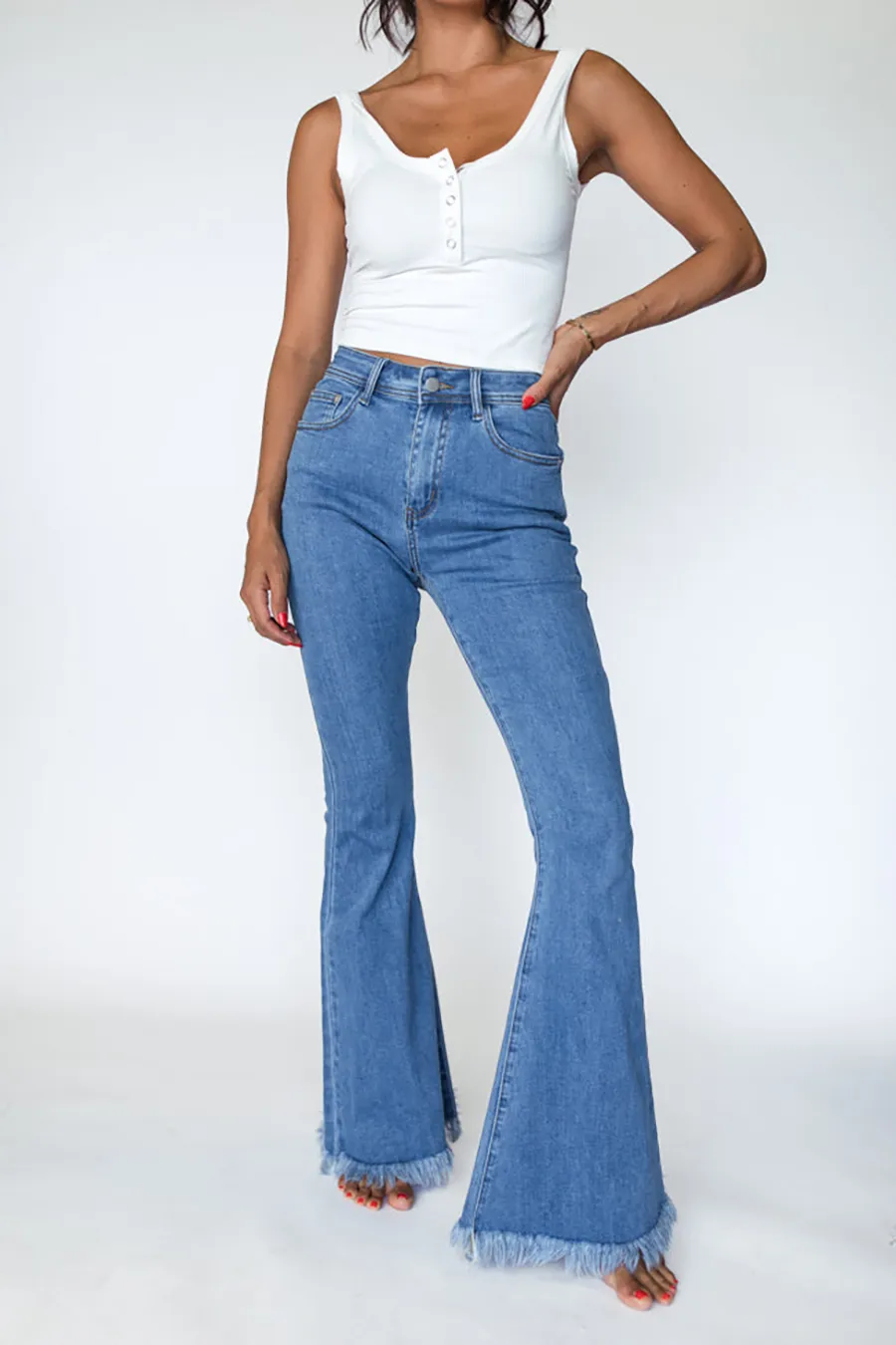 Elegant High Medium Wash Stretchy Flare Jeans