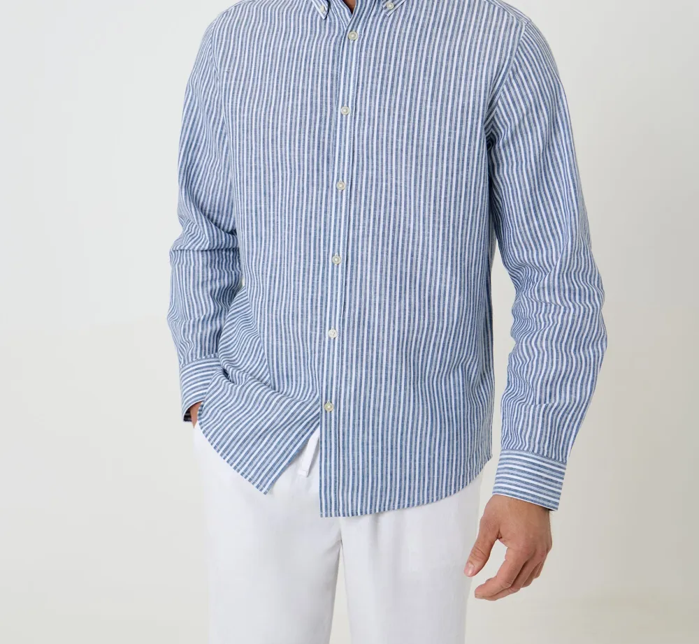 Men's Blue Stripe Linen Cotton Blend Long Sleeve Shirt