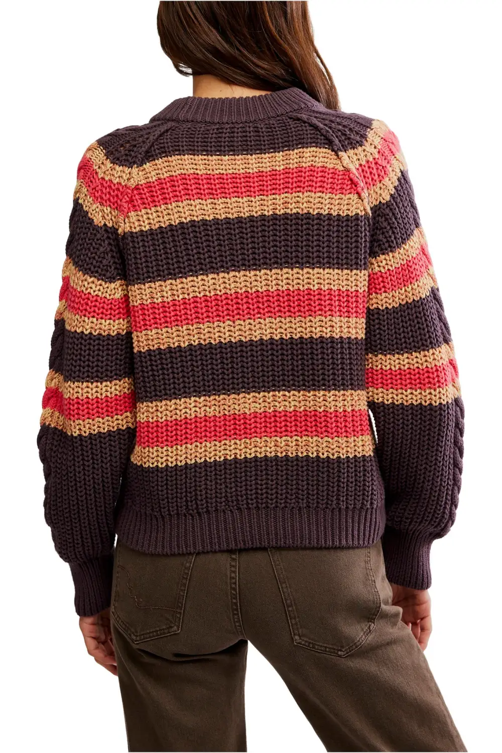Striped Cable Knit Cropped Boxy Pullover Sweater