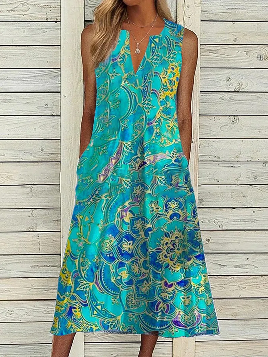 Vintage Print Pocket V-Neck Sleeveless Midi Dress