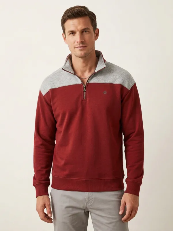 Men's Colorblock Textured Embroidered Emblem Quarter-Zip Sweatshirt