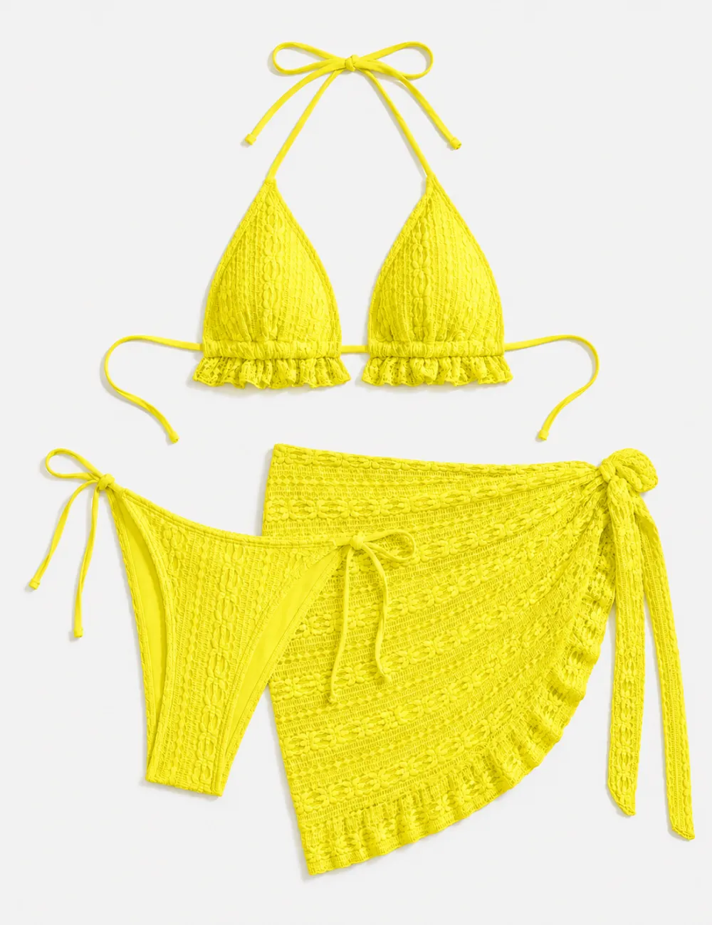 Solid Color Crochet Triangle Bikini Set with Cover Up Skirt