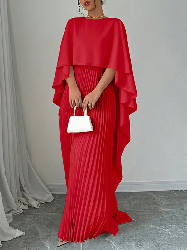 Versatile High Low Pleated Cape Maxi Dress