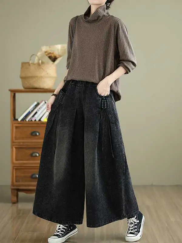 High Waist Relaxed Fit Wide Leg Pleated Elastic Waist Pocket Jeans