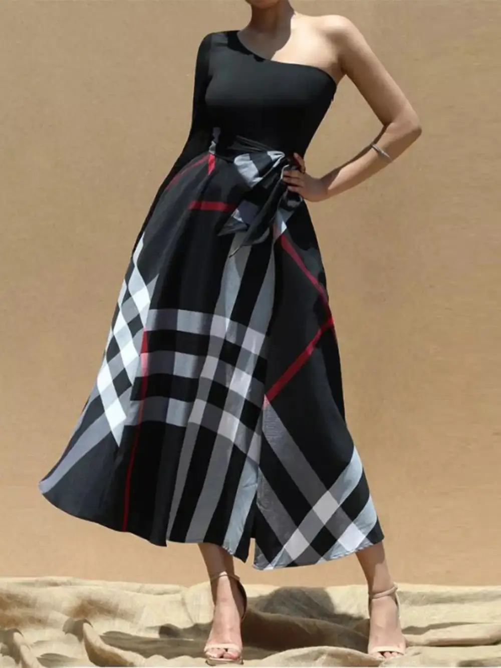 Asymmetrical One-Sleeve Midi Dress with Waist Tie