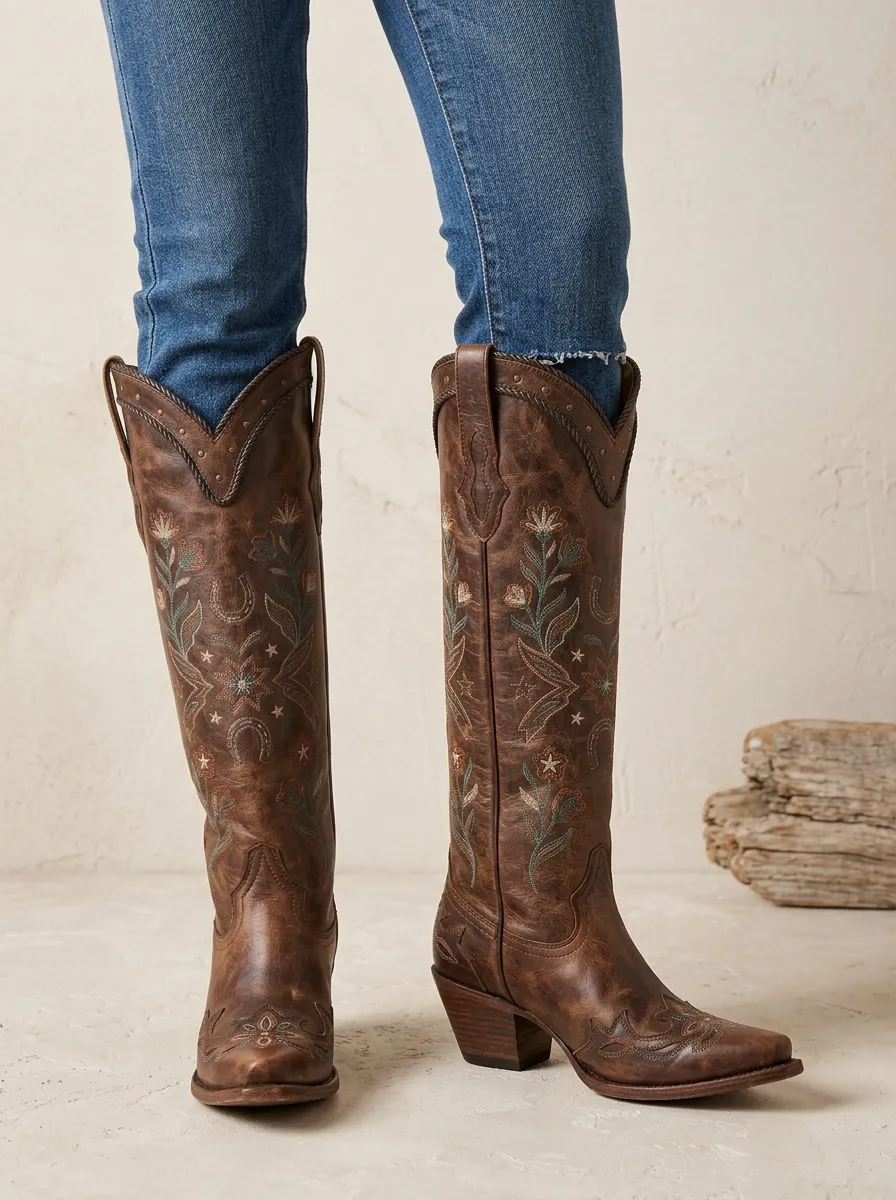 Women's Western Floral Star Embroidered Braided Piped Pointed-Toe Denim Over-the-Knee Boots