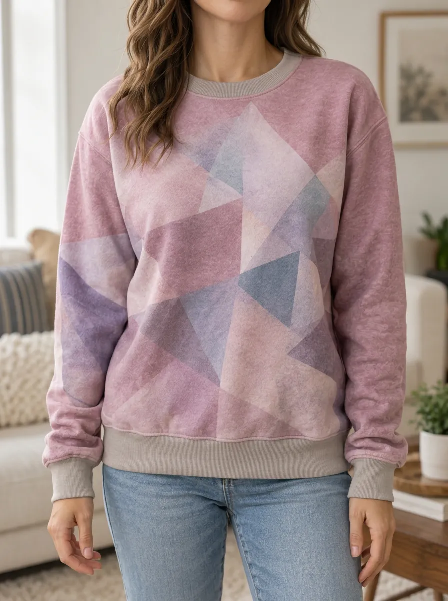 Women's Dusty Rose Geometric Print Crewneck Sweatshirt Crew Neck Relaxed Fit