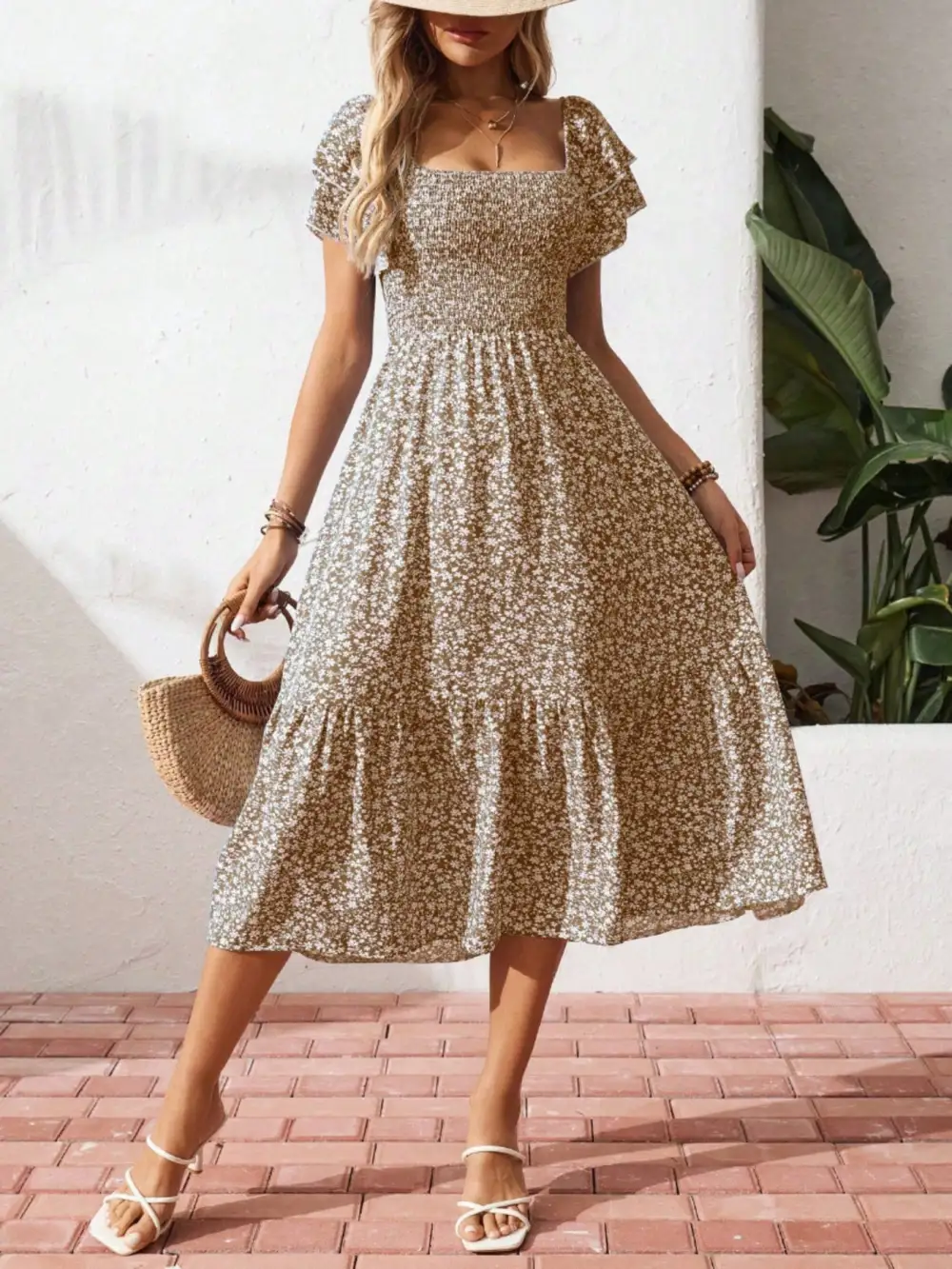Gathered Detail Floral Printed Ruffle Dress