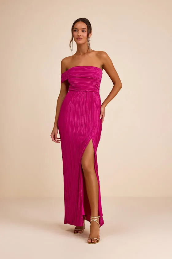 Poised Performance Fuchsia Plisse One-Shoulder Maxi Dress